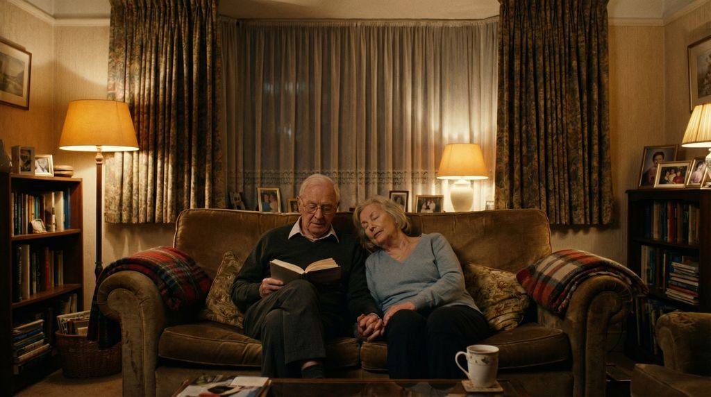 Elderly couple sleeping peacefully on sofa, representing safety and peace at home