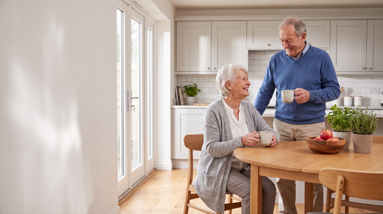 Older couple sharing tea at their kitchen table in a bright UK home, living safely and independently