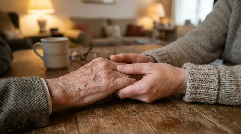 Holding hands representing family support and care for elderly parent living alone
