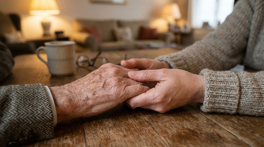 Holding hands representing family support and care for elderly parent living alone