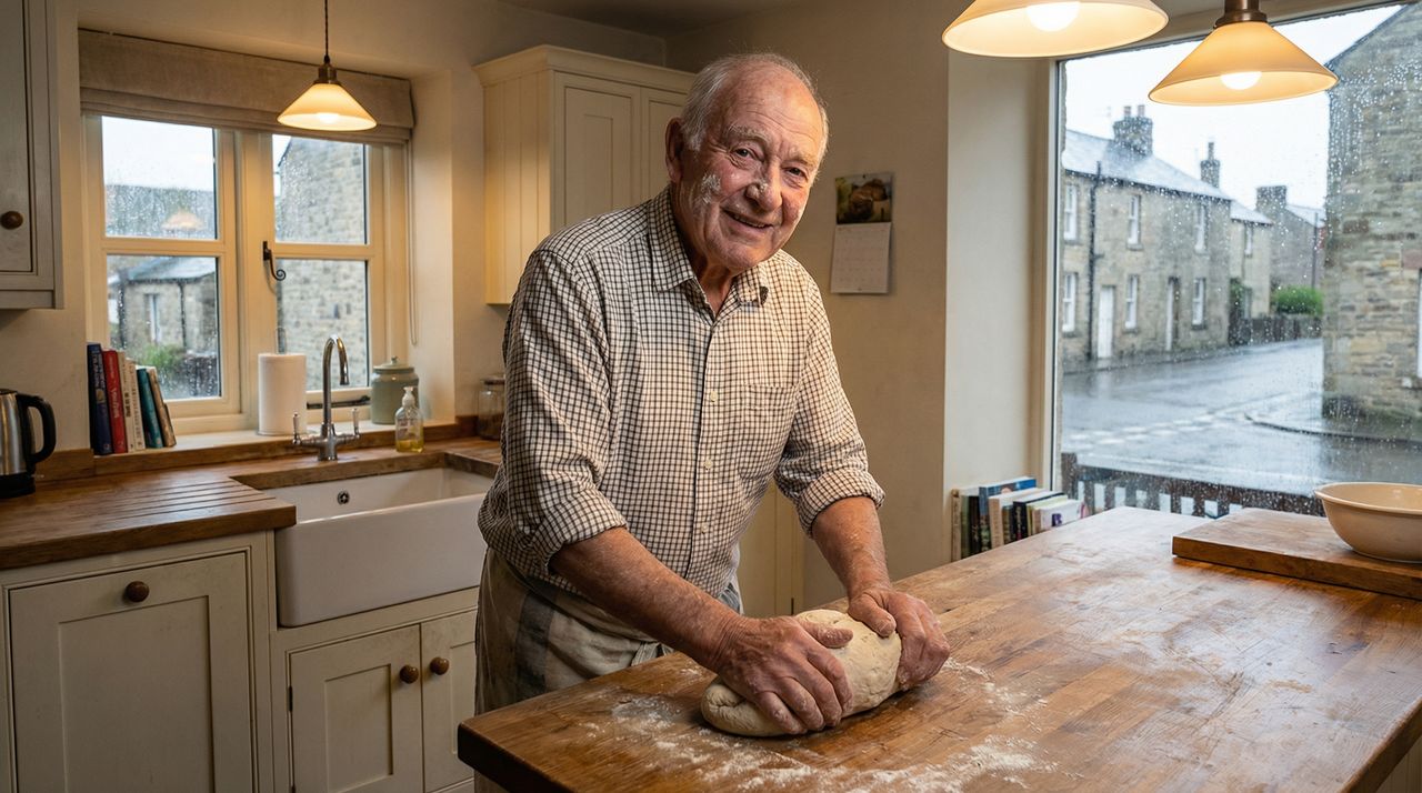 Elderly man baking, maintaining independence and enjoying home activities