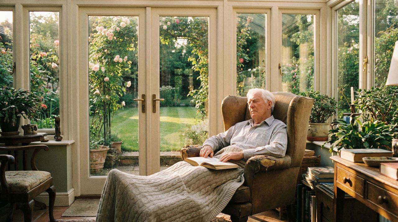 Elderly man with blanket, representing comfort and warmth at home