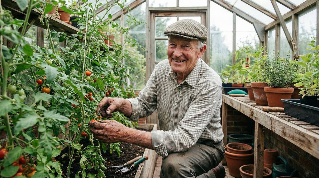 Elderly man in greenhouse living independently with smart home technology