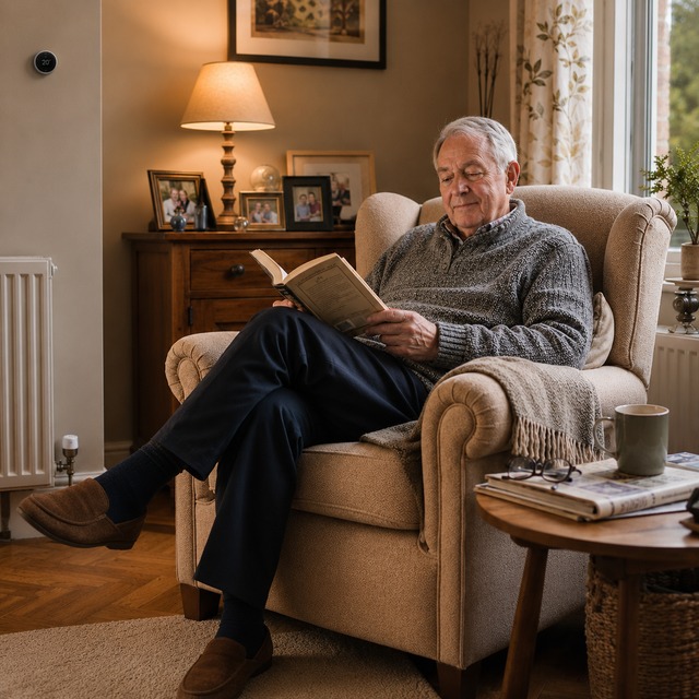 Older man reading in a cosy living room with discreet smart home heating for comfortable independent living
