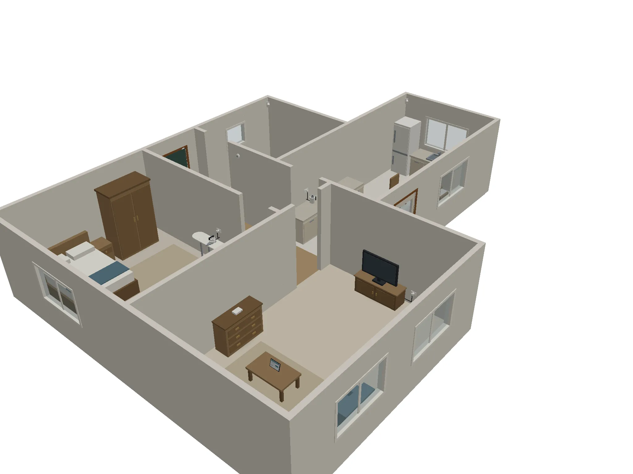 3D model of a one-bedroom bungalow showing where Croft fall sensors and the hub go
