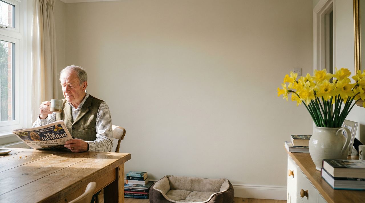 Elderly man at table, living independently with smart home support