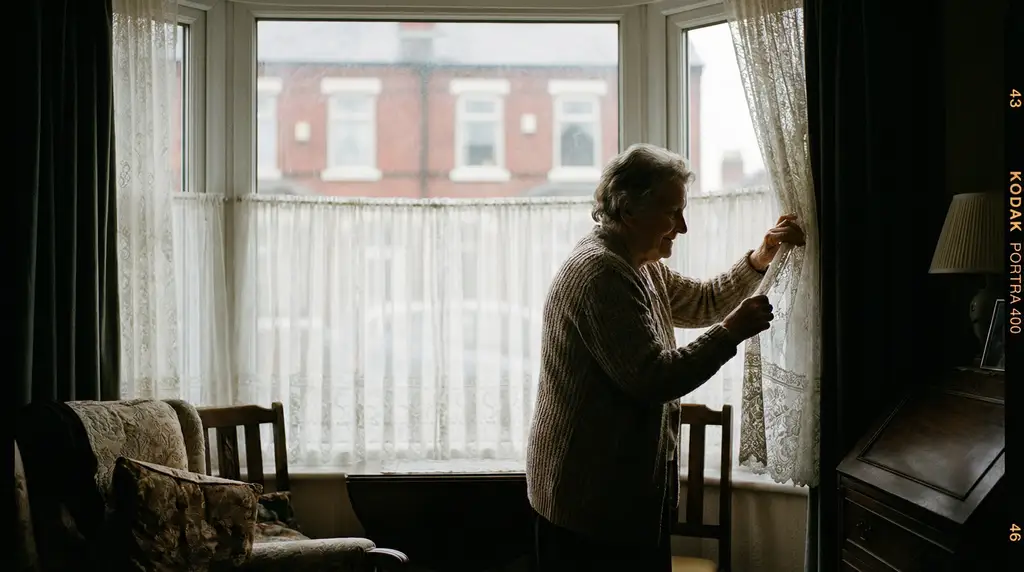 Elderly woman by curtains at home, representing privacy and dignity in smart home care