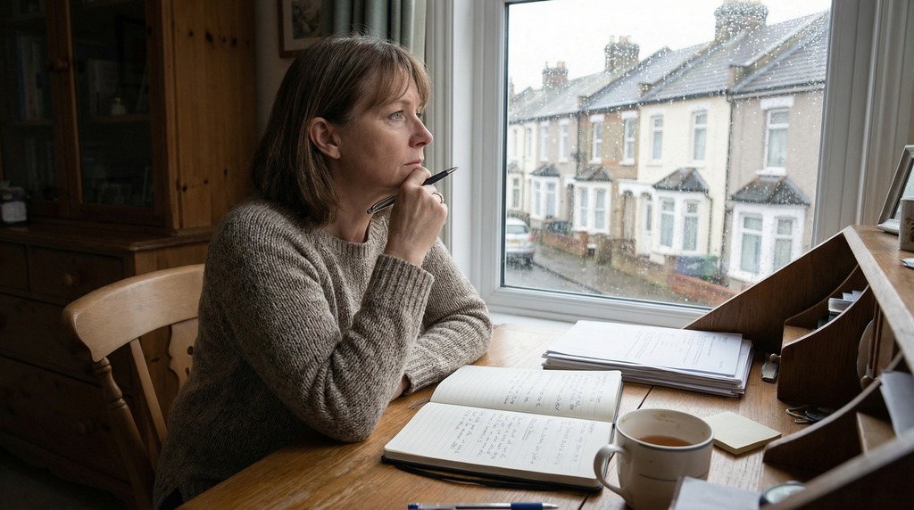 Woman at desk researching and evaluating smart home elderly care providers