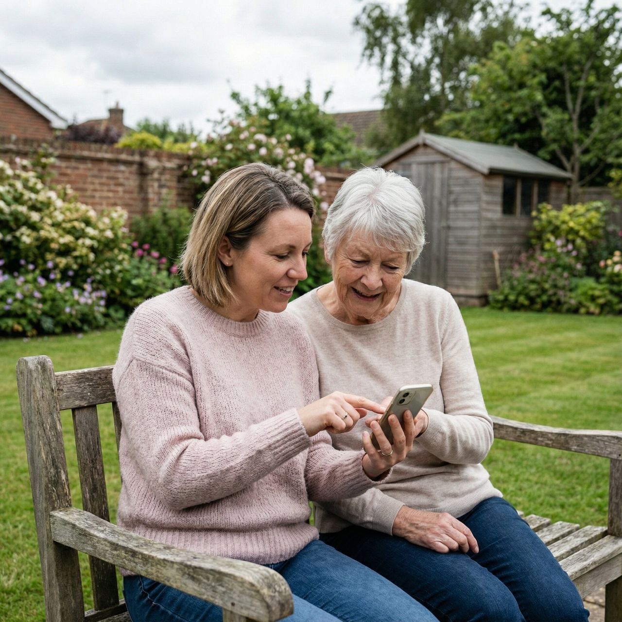 Elderly person on bench with phone, staying connected with family while maintaining independence