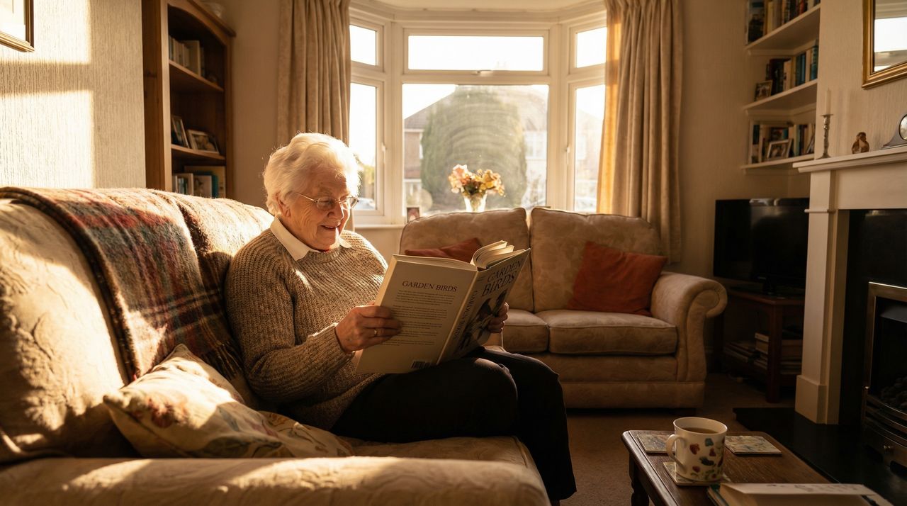 Elderly woman reading, enjoying peaceful moments at home