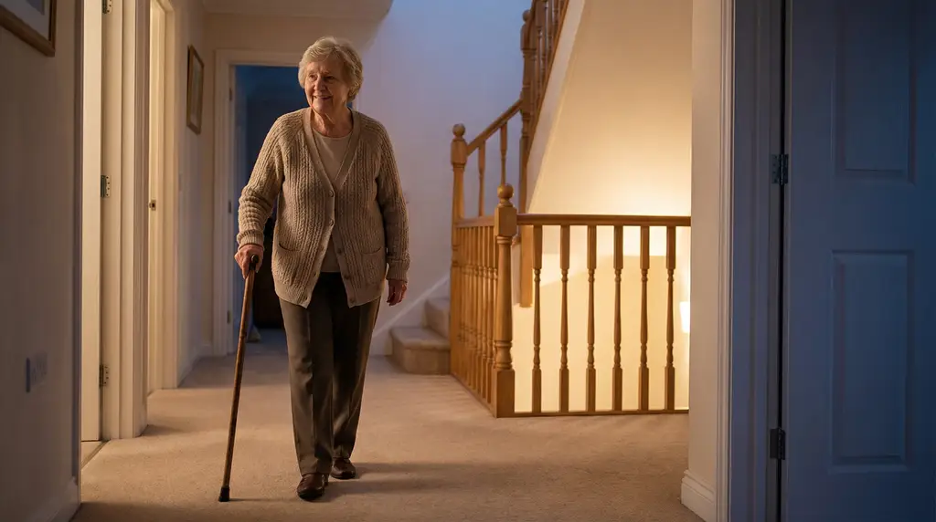 Elderly woman with walking stick at home, representing fall prevention and safety