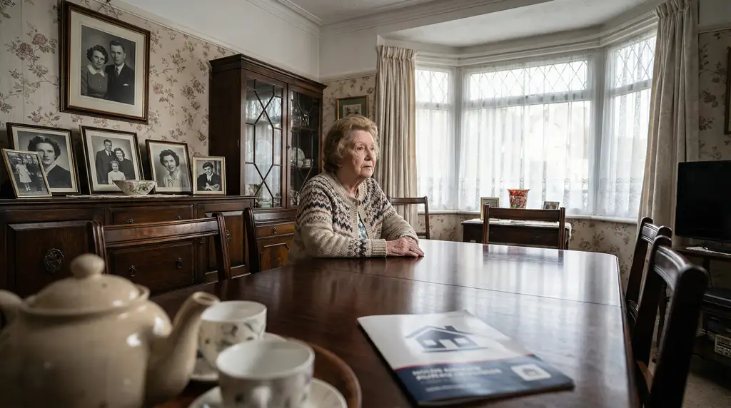 Woman considering care options for elderly parent, weighing smart home vs care home choices